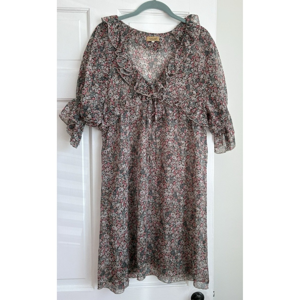 Piko 1988 Floral Ruffle V-Neck Mini Dress Pink Green Chiffon Boho Style 1726 S